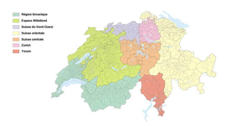 Carte des grandes régions de la Suisse